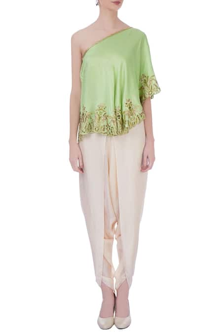 Shop Maison Blu Green Embroidered Asymmetric One Shoulder Top And Dhoti Pant Set Online at Aza Fashions Shop_Maison Blu_Green Embroidered Asymmetric One Shoulder Top And Dhoti Pant Set _Online_at_Aza_Fashions