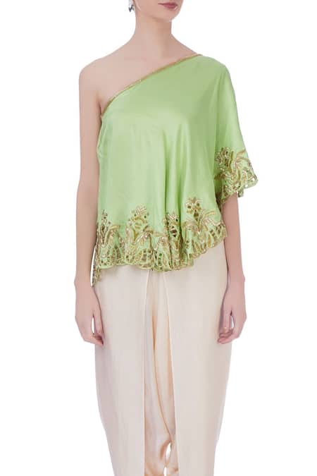 Maison Blu Green Embroidered Asymmetric One Shoulder Top And Dhoti Pant Set at Aza Fashions Maison Blu_Green Embroidered Asymmetric One Shoulder Top And Dhoti Pant Set _at_Aza_Fashions