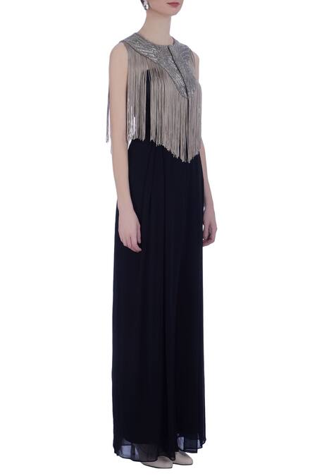 Maison Blu_Blue Fringe Cape With Jumpsuit_Online_at_Aza_Fashions