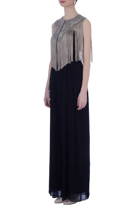 Buy_Maison Blu_Blue Fringe Cape With Jumpsuit_Online_at_Aza_Fashions