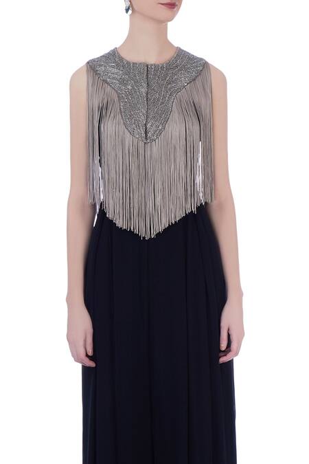 Maison Blu_Blue Fringe Cape With Jumpsuit_at_Aza_Fashions