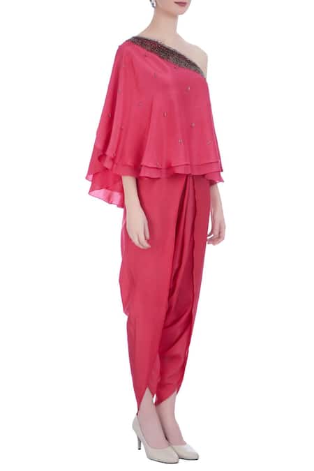 Maison Blu Pink Embroidered Asymmetric One Shoulder Top And Dhoti Pant Set Online at Aza Fashions Maison Blu_Pink Embroidered Asymmetric One Shoulder Top And Dhoti Pant Set _Online_at_Aza_Fashions