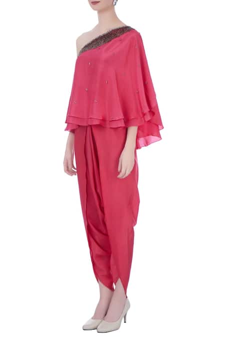 Buy Maison Blu Pink Embroidered Asymmetric One Shoulder Top And Dhoti Pant Set Online at Aza Fashions Buy_Maison Blu_Pink Embroidered Asymmetric One Shoulder Top And Dhoti Pant Set _Online_at_Aza_Fashions