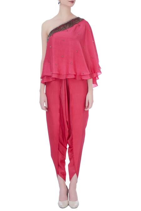 Shop Maison Blu Pink Embroidered Asymmetric One Shoulder Top And Dhoti Pant Set Online at Aza Fashions Shop_Maison Blu_Pink Embroidered Asymmetric One Shoulder Top And Dhoti Pant Set _Online_at_Aza_Fashions