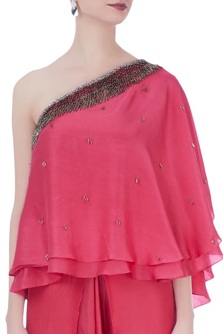Maison Blu Pink Embroidered Asymmetric One Shoulder Top And Dhoti Pant Set at Aza Fashions Maison Blu_Pink Embroidered Asymmetric One Shoulder Top And Dhoti Pant Set _at_Aza_Fashions