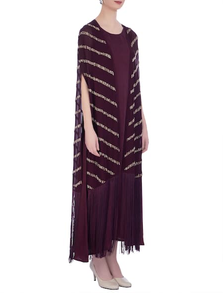 Maison Blu Wine Silk Round Dress With Cape Online at Aza Fashions Maison Blu_Wine Silk Round Dress With Cape _Online_at_Aza_Fashions