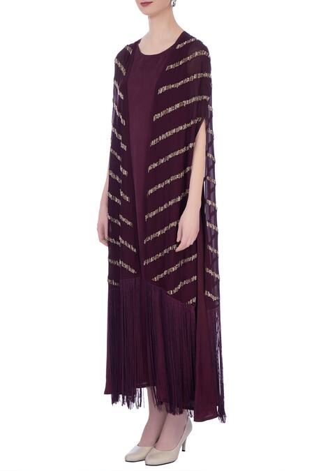 Buy Maison Blu Wine Silk Round Dress With Cape Online at Aza Fashions Buy_Maison Blu_Wine Silk Round Dress With Cape _Online_at_Aza_Fashions