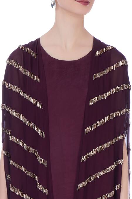 Maison Blu Wine Silk Round Dress With Cape at Aza Fashions Maison Blu_Wine Silk Round Dress With Cape _at_Aza_Fashions