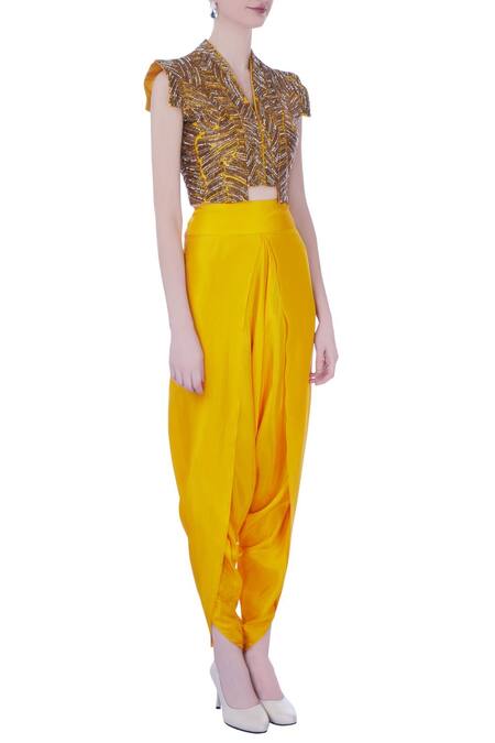 Maison Blu_Yellow Embroidered V Neck Silk Top And Dhoti Pant Set _Online_at_Aza_Fashions