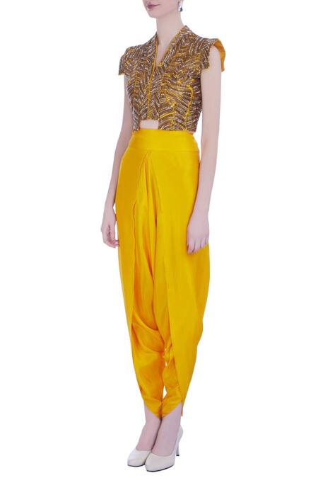 Buy_Maison Blu_Yellow Embroidered V Neck Silk Top And Dhoti Pant Set _Online_at_Aza_Fashions