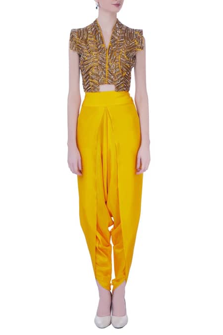 Shop_Maison Blu_Yellow Embroidered V Neck Silk Top And Dhoti Pant Set _Online_at_Aza_Fashions