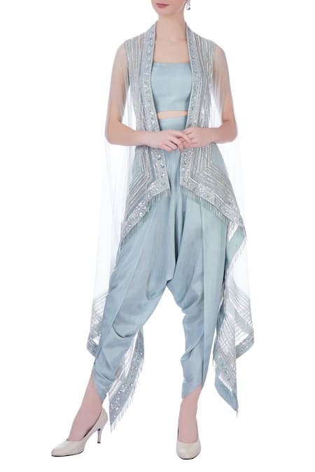 Maison Blu Blue Embroidered Round Silk Cape And Dhoti Pant Set For Women