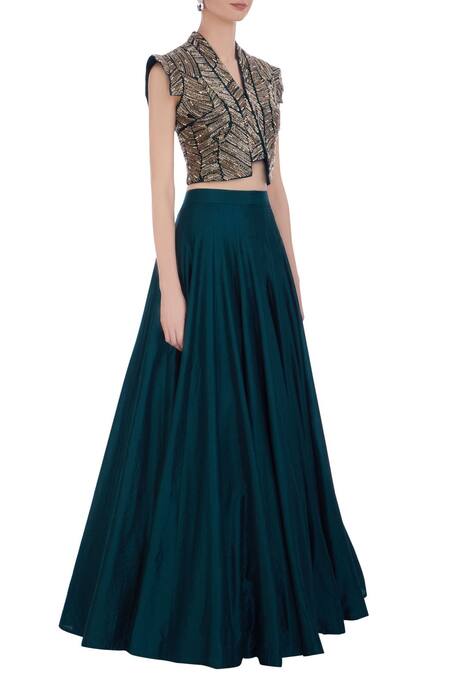 Maison Blu_Blue U Neck Silk Embroidered Jacket And Lehenga Set _Online_at_Aza_Fashions