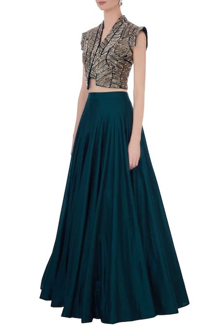 Buy_Maison Blu_Blue U Neck Silk Embroidered Jacket And Lehenga Set _Online_at_Aza_Fashions