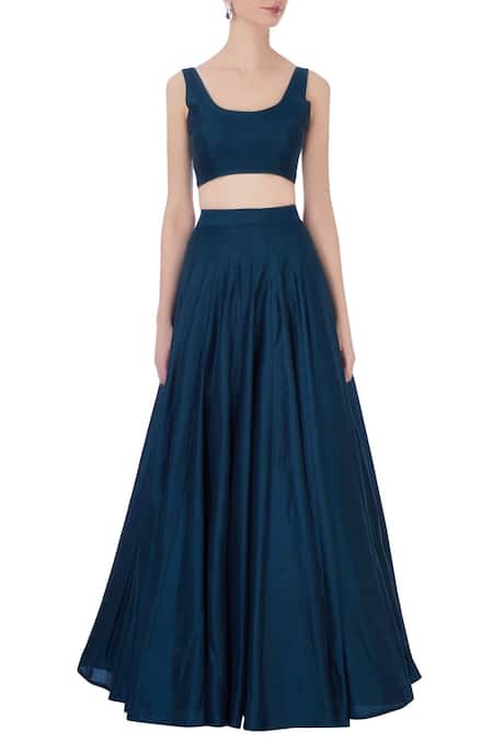 Shop_Maison Blu_Blue U Neck Silk Embroidered Jacket And Lehenga Set _Online_at_Aza_Fashions