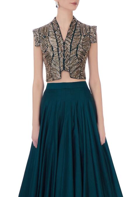 Maison Blu_Blue U Neck Silk Embroidered Jacket And Lehenga Set _at_Aza_Fashions