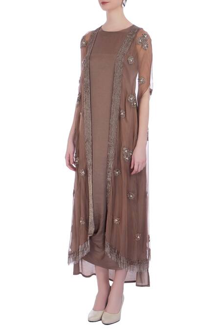 Buy Maison Blu Brown Round Silk Draped Dress With Cape Jacket Online at Aza Fashions Buy_Maison Blu_Brown Round Silk Draped Dress With Cape Jacket _Online_at_Aza_Fashions