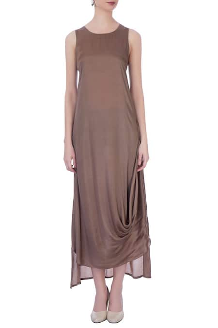 Shop Maison Blu Brown Round Silk Draped Dress With Cape Jacket Online at Aza Fashions Shop_Maison Blu_Brown Round Silk Draped Dress With Cape Jacket _Online_at_Aza_Fashions