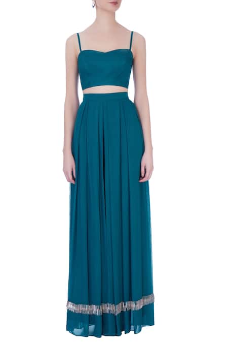 Shop_Maison Blu_Blue Sweetheart Neck Silk Jacket And Lehenga Set_Online_at_Aza_Fashions