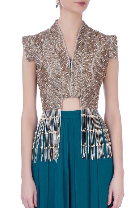 Maison Blu_Blue Sweetheart Neck Silk Jacket And Lehenga Set_at_Aza_Fashions