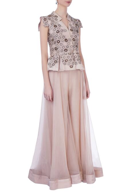 Maison Blu Pink V Neck Silk Jacket And Gharara Set Online at Aza Fashions Maison Blu_Pink V Neck Silk Jacket And Gharara Set _Online_at_Aza_Fashions