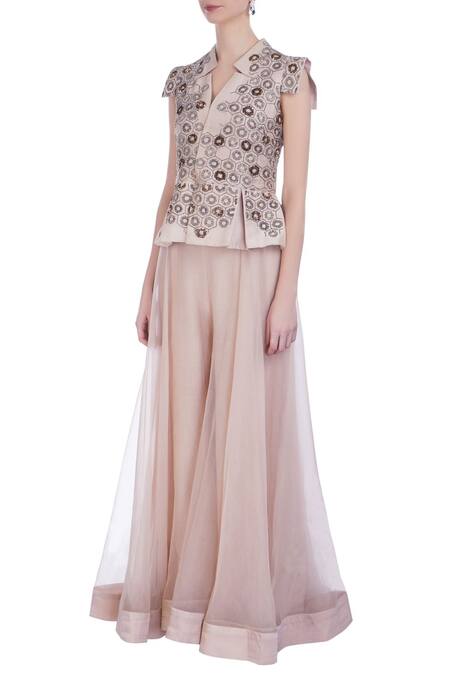 Buy Maison Blu Pink V Neck Silk Jacket And Gharara Set Online at Aza Fashions Buy_Maison Blu_Pink V Neck Silk Jacket And Gharara Set _Online_at_Aza_Fashions