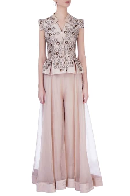 Shop Maison Blu Pink V Neck Silk Jacket And Gharara Set Online at Aza Fashions Shop_Maison Blu_Pink V Neck Silk Jacket And Gharara Set _Online_at_Aza_Fashions