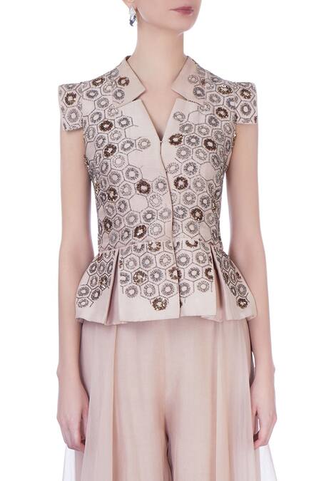 Maison Blu Pink V Neck Silk Jacket And Gharara Set at Aza Fashions Maison Blu_Pink V Neck Silk Jacket And Gharara Set _at_Aza_Fashions