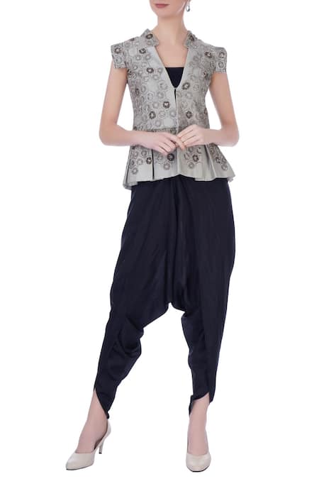 Maison Blu Grey V Neck Silk Jacket And Dhoti Pant Set