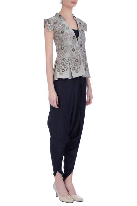 Maison Blu Grey V Neck Silk Jacket And Dhoti Pant Set Online at Aza Fashions Maison Blu_Grey V Neck Silk Jacket And Dhoti Pant Set _Online_at_Aza_Fashions