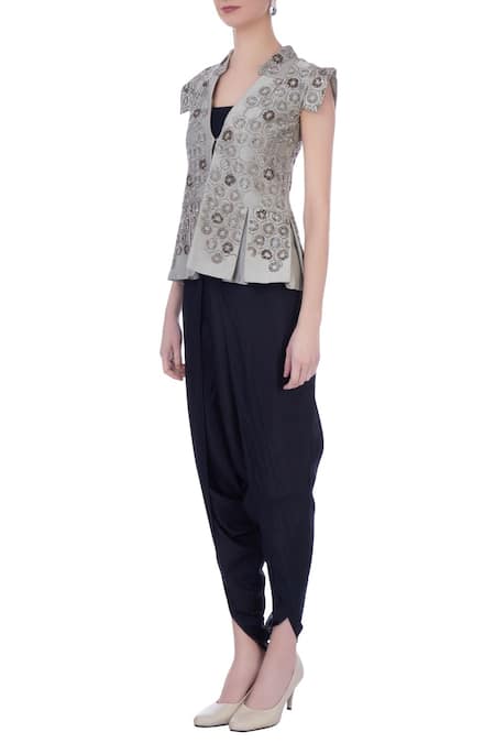 Buy Maison Blu Grey V Neck Silk Jacket And Dhoti Pant Set Online at Aza Fashions Buy_Maison Blu_Grey V Neck Silk Jacket And Dhoti Pant Set _Online_at_Aza_Fashions