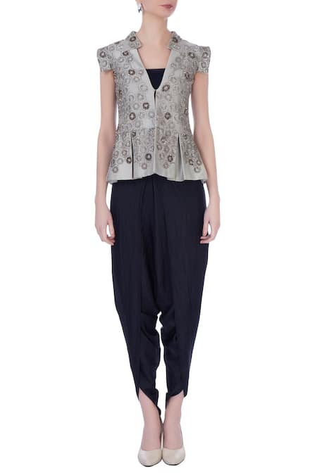 Shop Maison Blu Grey V Neck Silk Jacket And Dhoti Pant Set Online at Aza Fashions Shop_Maison Blu_Grey V Neck Silk Jacket And Dhoti Pant Set _Online_at_Aza_Fashions