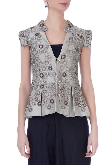 Maison Blu Grey V Neck Silk Jacket And Dhoti Pant Set at Aza Fashions Maison Blu_Grey V Neck Silk Jacket And Dhoti Pant Set _at_Aza_Fashions