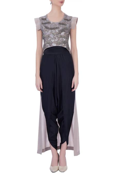 Shop Maison Blu Grey Round Silk Tunic And Dhoti Pant Set Online at Aza Fashions Shop_Maison Blu_Grey Round Silk Tunic And Dhoti Pant Set_Online_at_Aza_Fashions