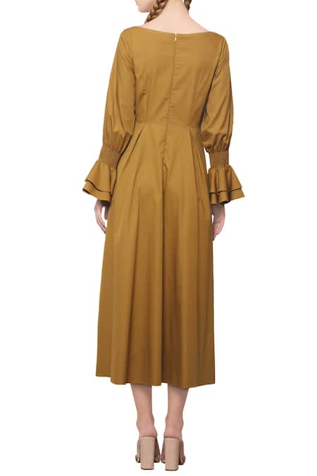 Shop_Manika Nanda_Yellow Dijon Mustard Ruffled Dress _at_Aza_Fashions