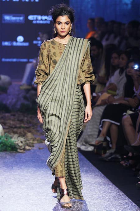 Anavila Green Linen Printed Stripe Saree 