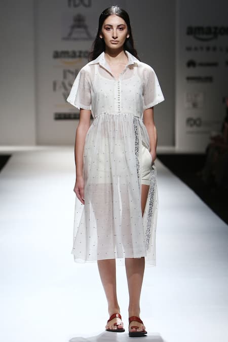 Prama By Pratima Pandey Off White Ivory Collar Style Hand-woven Midi Dress And Inner  