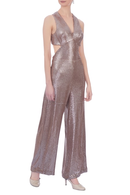 Deme by Gabriella Brown V Neck Embellished Jumpsuit 