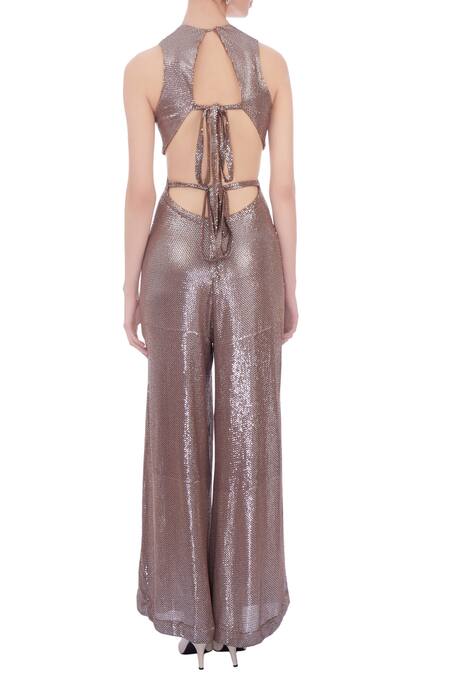 Shop Deme By Gabriella Brown V Neck Embellished Jumpsuit at Aza Fashions Shop_Deme By Gabriella_Brown V Neck Embellished Jumpsuit_at_Aza_Fashions