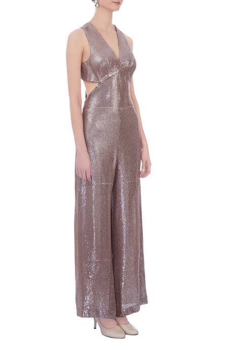 Deme By Gabriella Brown V Neck Embellished Jumpsuit Online at Aza Fashions Deme By Gabriella_Brown V Neck Embellished Jumpsuit_Online_at_Aza_Fashions