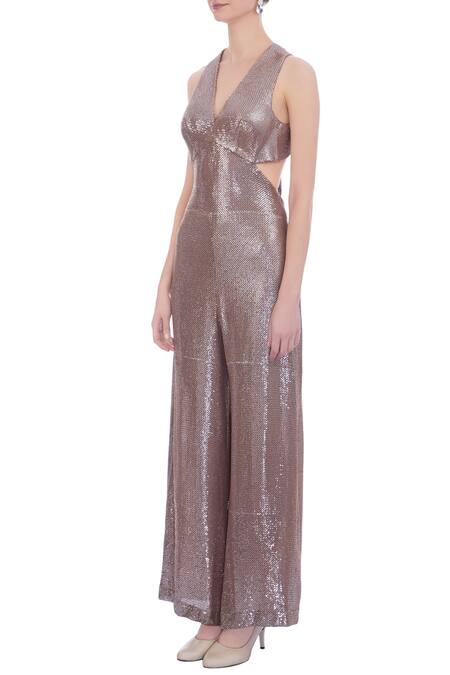 Buy Deme By Gabriella Brown V Neck Embellished Jumpsuit Online at Aza Fashions Buy_Deme By Gabriella_Brown V Neck Embellished Jumpsuit_Online_at_Aza_Fashions