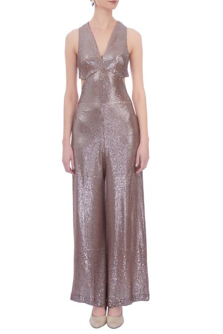 Shop Deme By Gabriella Brown V Neck Embellished Jumpsuit Online at Aza Fashions Shop_Deme By Gabriella_Brown V Neck Embellished Jumpsuit_Online_at_Aza_Fashions