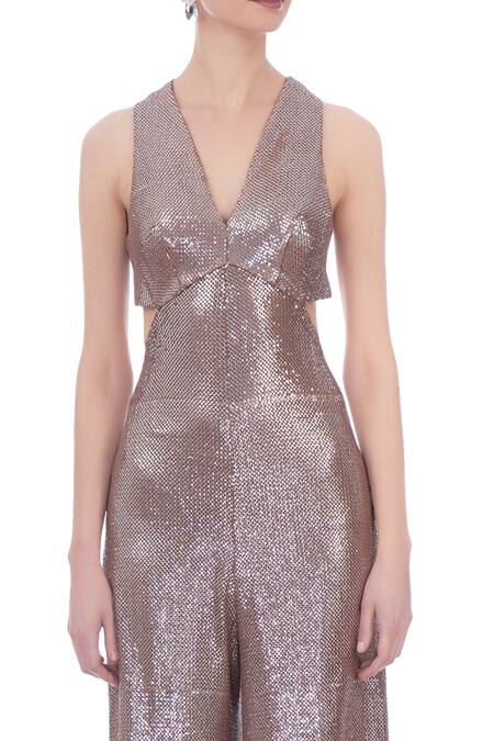 Deme By Gabriella Brown V Neck Embellished Jumpsuit at Aza Fashions Deme By Gabriella_Brown V Neck Embellished Jumpsuit_at_Aza_Fashions