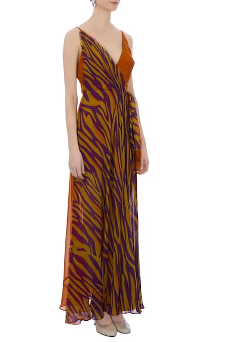 Deme By Gabriella_Orange V Neck Layered Printed Dress _Online_at_Aza_Fashions