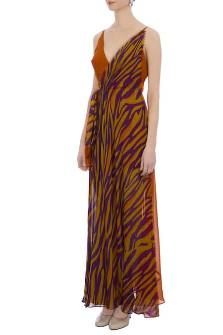 Buy_Deme By Gabriella_Orange V Neck Layered Printed Dress _Online_at_Aza_Fashions