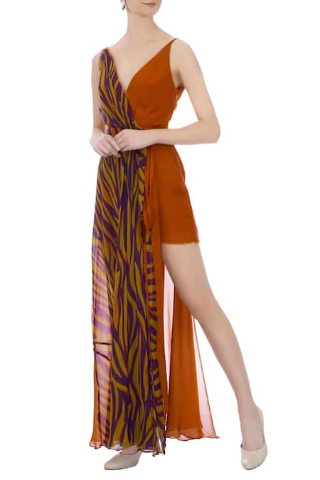 Shop_Deme By Gabriella_Orange V Neck Layered Printed Dress _Online_at_Aza_Fashions