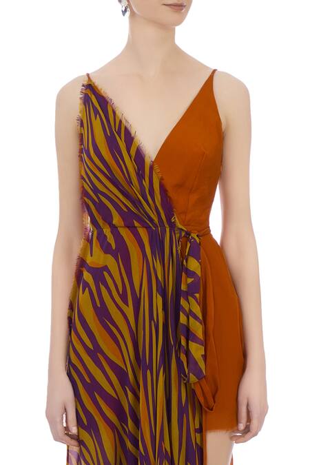 Deme By Gabriella_Orange V Neck Layered Printed Dress _at_Aza_Fashions
