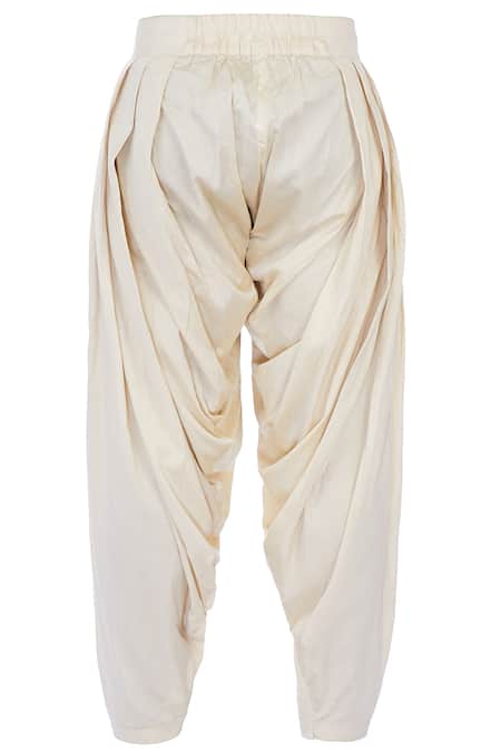 Pranay Baidya_Beige Cotton Silk Pleated Patiala Pant _Online_at_Aza_Fashions
