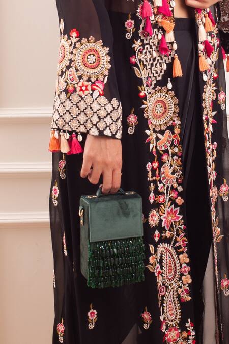 Forever Noor Green Beads, Crystals Embellished Box Bag Online at Aza Fashions Forever Noor_Green Beads, Crystals Embellished Box Bag _Online_at_Aza_Fashions