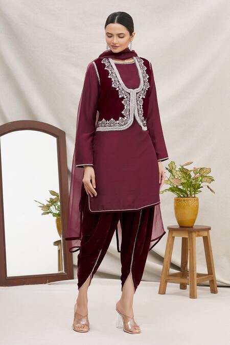 Ekta Singh_Maroon Velvet Round Jacket And Dhoti Pant Set _Online_at_Aza_Fashions